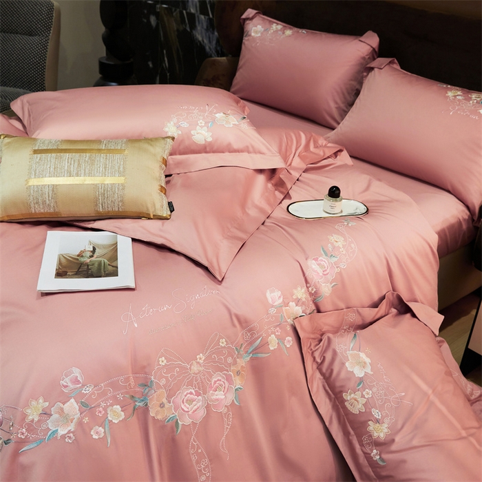 91家纺网 家纺一手货源 找家纺 宏羽纺2024新款高支高密全棉刺绣四件套 伊丽莎白系列 伊丽莎白 豆沙