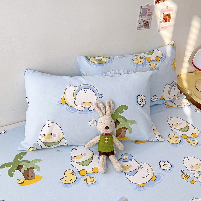 91家纺网 家纺一手货源 找家纺 纽缦家纺 2024水洗双层纱床单 蓝小鸭