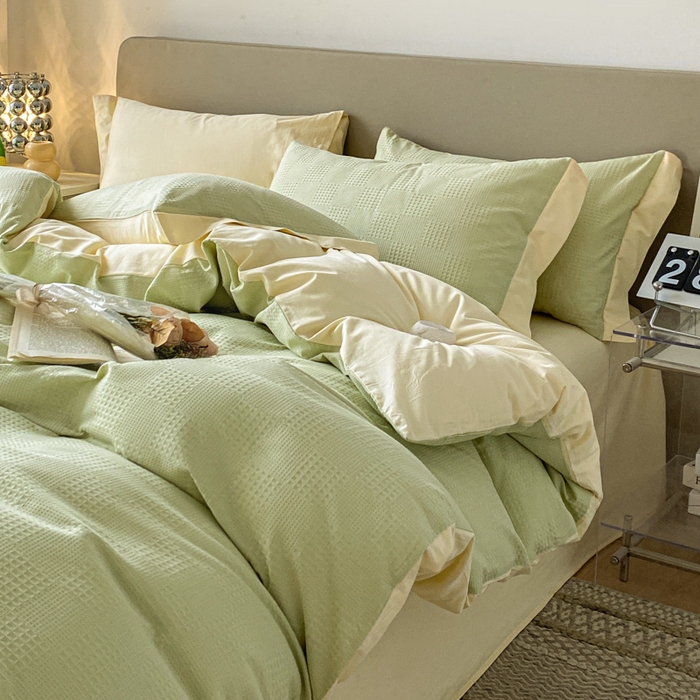 91家纺网 家纺一手货源 找家纺 启程家纺 2024新款全棉华夫格提花四件套 棋盘格-绿奶黄