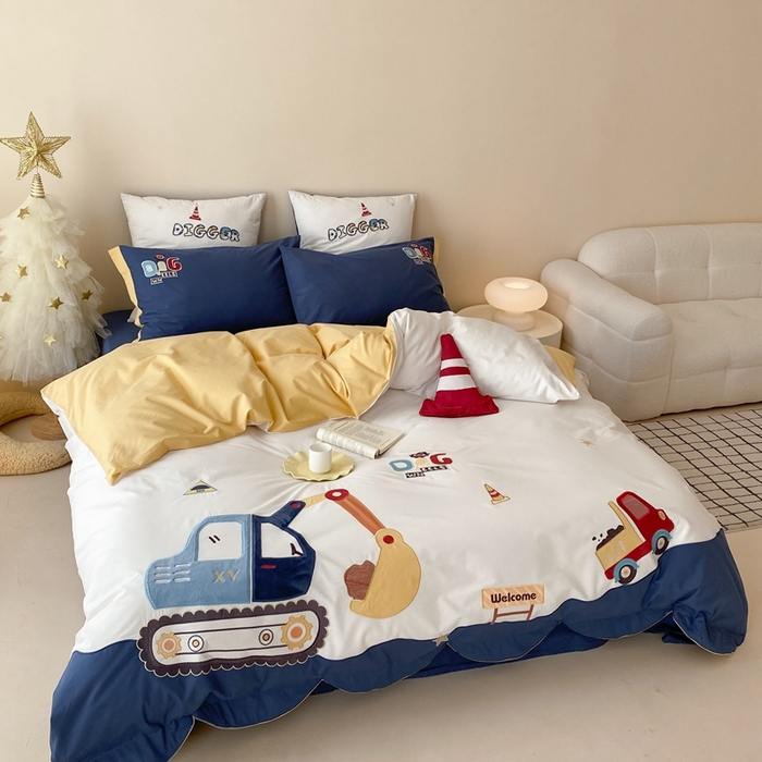 91家纺网 家纺一手货源 找家纺 （总）星野 2024新款加厚40s水洗棉刺绣四件套-挖机小分队