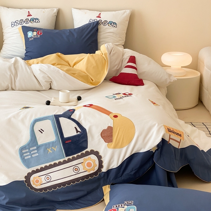 91家纺网 家纺一手货源 找家纺 （总）星野 2024新款加厚40s水洗棉刺绣四件套-挖机小分队