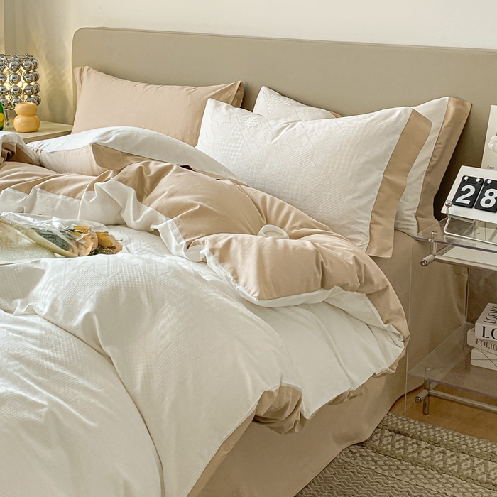 91家纺网 家纺一手货源 找家纺 启程家纺 2024新款全棉华夫格提花四件套 千鸟格-白咖