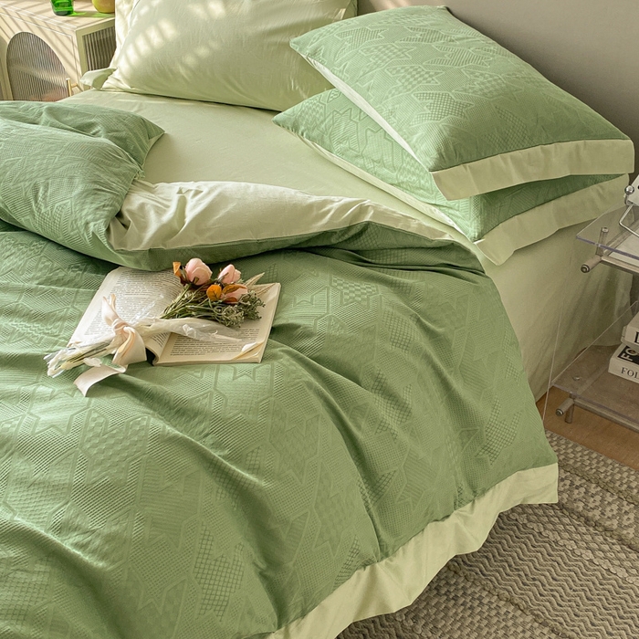 91家纺网 家纺一手货源 找家纺 启程家纺 2024新款全棉华夫格提花四件套 千鸟格-浅草绿