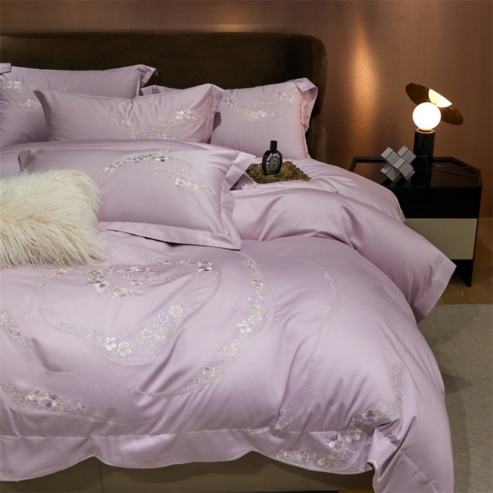 91家纺网 家纺一手货源 找家纺 宏羽纺家纺 2024新款高支高密全棉绣花工艺四件套-怡悦 怡悦 海葵紫