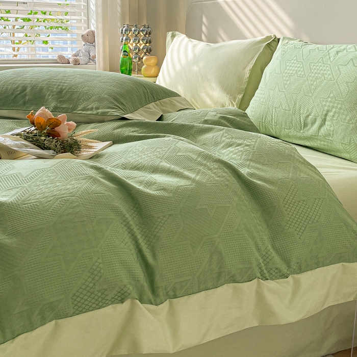 91家纺网 家纺一手货源 找家纺 启程家纺 2024新款全棉华夫格提花四件套 千鸟格-浅草绿