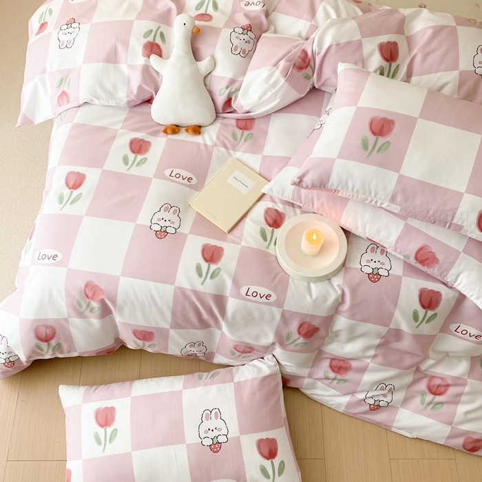 91家纺网 家纺一手货源 找家纺 川悦生活 2024爆款13372全棉卡通小清新四件套三件套 格子花