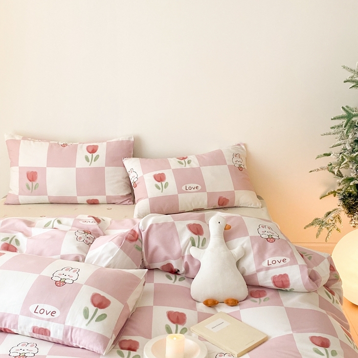 91家纺网 家纺一手货源 找家纺 川悦生活 2024爆款13372全棉卡通小清新四件套三件套 格子花