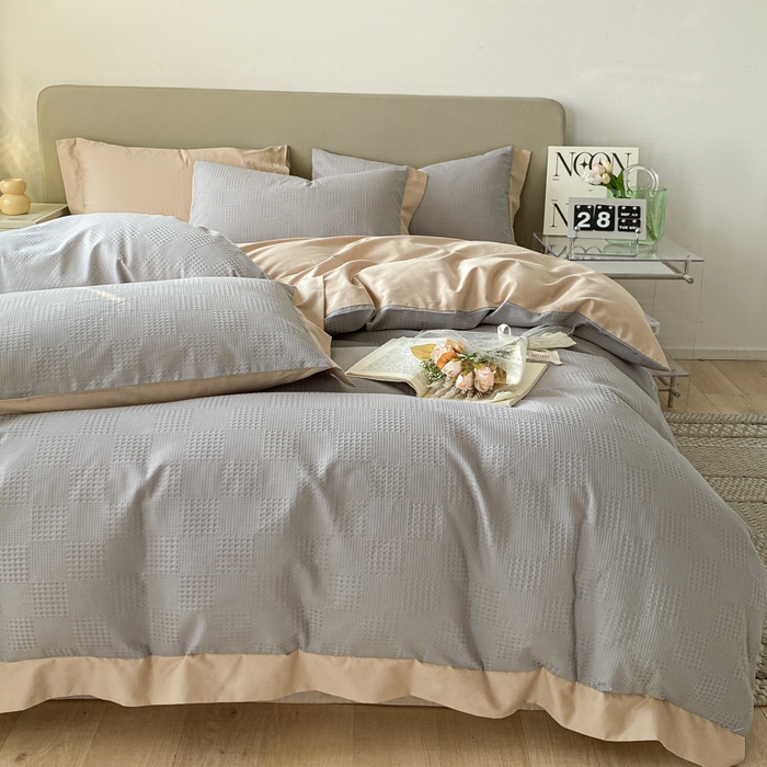 91家纺网 家纺一手货源 找家纺 启程家纺 2024新款全棉华夫格提花四件套 棋盘格-灰咖