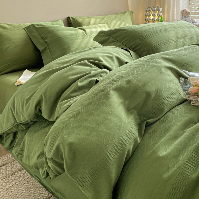 91家纺网 家纺一手货源 找家纺 启程家纺 2024新款全棉华夫格提花四件套 小豆芽-橄榄绿