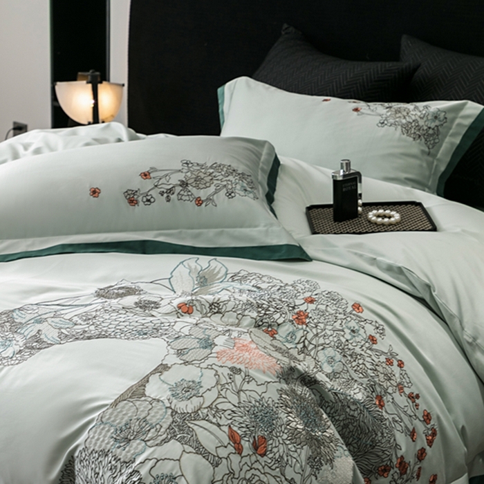 91家纺网 家纺一手货源 找家纺 云胡 2024新款50s双股长绒棉 精工刺绣 宽边工艺四件套 马德里-绿