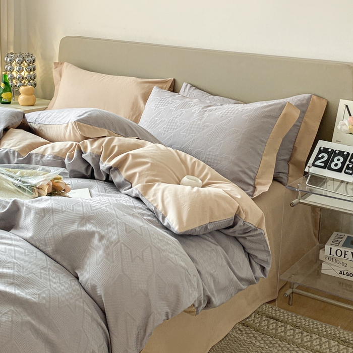 91家纺网 家纺一手货源 找家纺 启程家纺 2024新款全棉华夫格提花四件套 千鸟格-灰咖