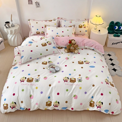 云锦家居 2024新款13070纯棉印花吊边款一字绣四件套 草莓派对