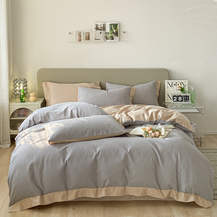 91家纺网 家纺一手货源 找家纺 启程家纺 2024新款全棉华夫格提花四件套 棋盘格-灰咖