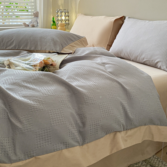 91家纺网 家纺一手货源 找家纺 启程家纺 2024新款全棉华夫格提花四件套 棋盘格-灰咖