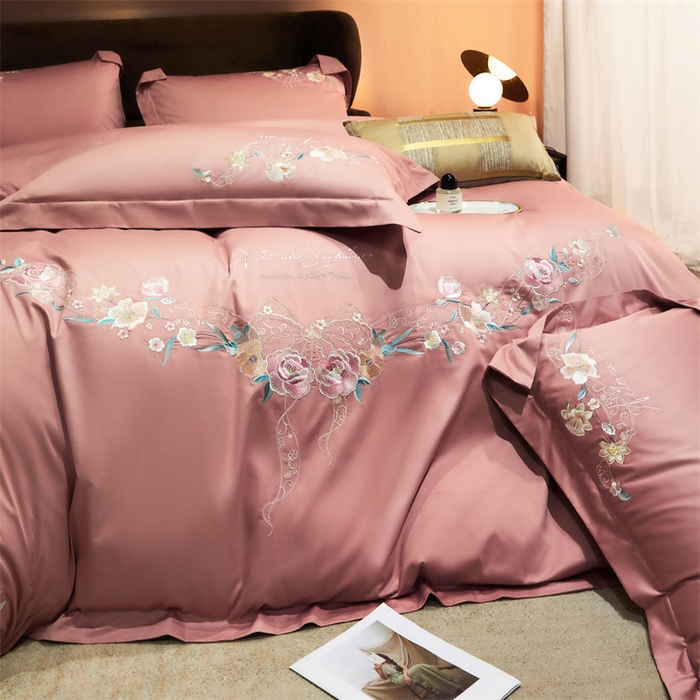 91家纺网 家纺一手货源 找家纺 宏羽纺2024新款高支高密全棉刺绣四件套 伊丽莎白系列 伊丽莎白 豆沙