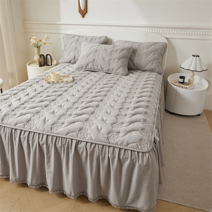 3C 2024新款玫瑰全棉水洗棉大豆夹棉床裙 夜光灰