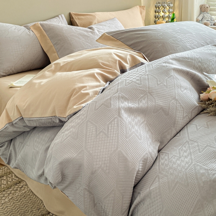 91家纺网 家纺一手货源 找家纺 启程家纺 2024新款全棉华夫格提花四件套 千鸟格-灰咖