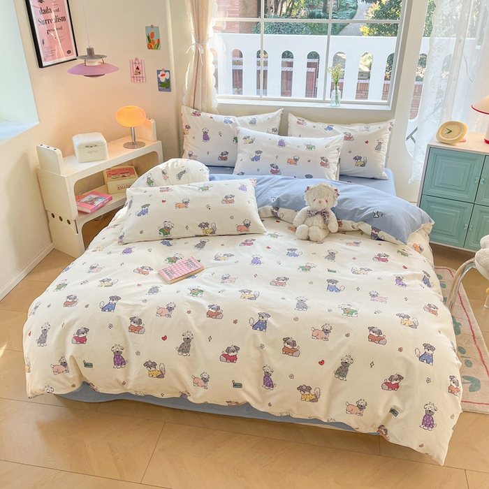 91家纺网 家纺一手货源 找家纺 川悦生活 2024爆款13372全棉卡通小清新四件套三件套 法式小狗