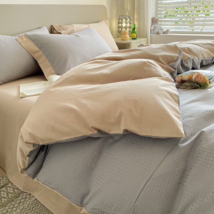 91家纺网 家纺一手货源 找家纺 启程家纺 2024新款全棉华夫格提花四件套 棋盘格-灰咖