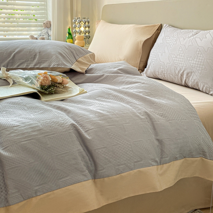 91家纺网 家纺一手货源 找家纺 启程家纺 2024新款全棉华夫格提花四件套 千鸟格-灰咖