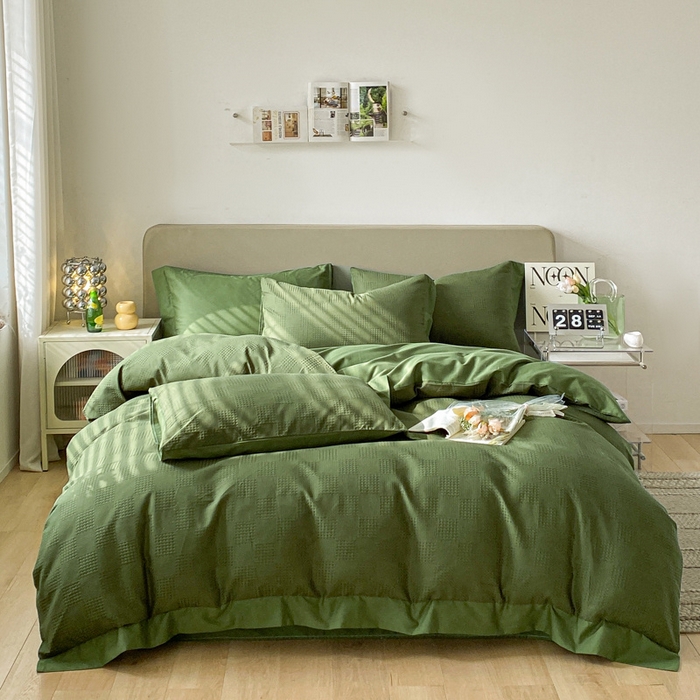 91家纺网 家纺一手货源 找家纺 启程家纺 2024新款全棉华夫格提花四件套 棋盘格-橄榄绿