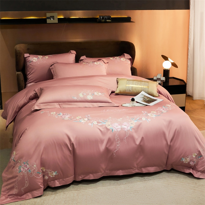 91家纺网 家纺一手货源 找家纺 宏羽纺2024新款高支高密全棉刺绣四件套 伊丽莎白系列 伊丽莎白 豆沙