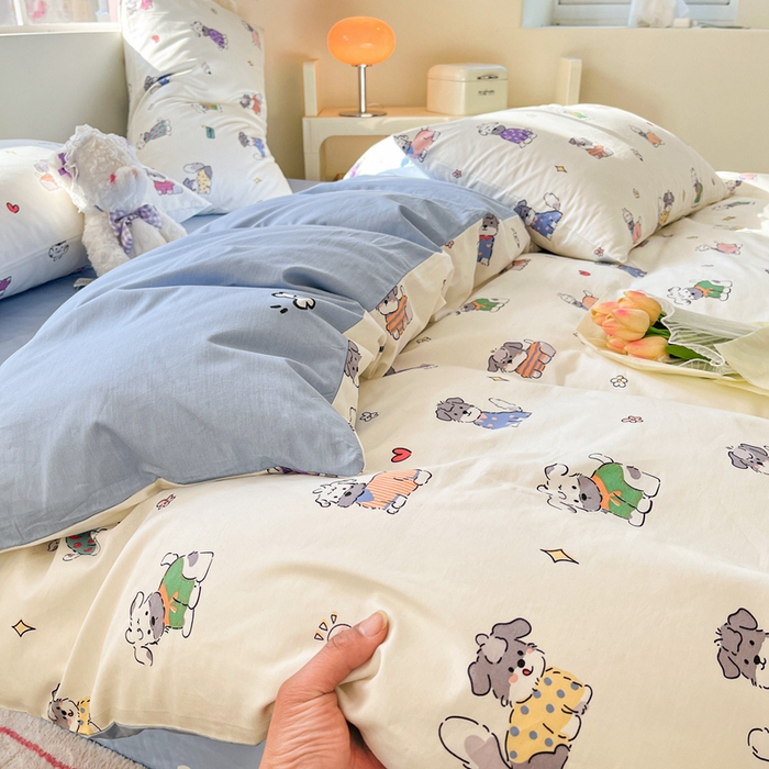 91家纺网 家纺一手货源 找家纺 川悦生活 2024爆款13372全棉卡通小清新四件套三件套 法式小狗