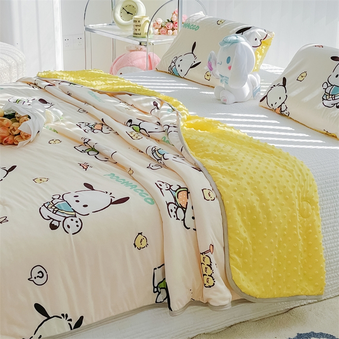 91家纺网 家纺一手货源 找家纺 米米儿家纺 2024新款A类针织棉凉豆豆夏被夏凉被空调被-三丽鸥系列 可爱帕恰狗-黄