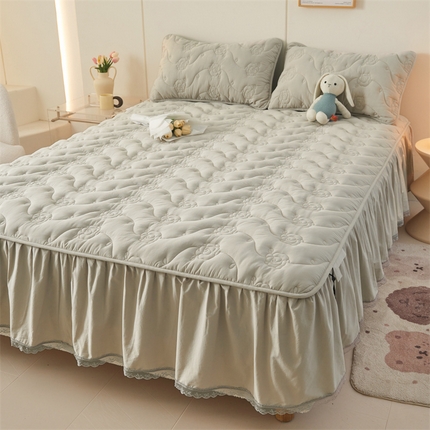 3C 2024新款全棉水洗棉大豆夹棉床裙式床笠 烟雾灰