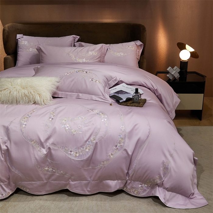 91家纺网 家纺一手货源 找家纺 宏羽纺家纺 2024新款高支高密全棉绣花工艺四件套-怡悦 怡悦 海葵紫