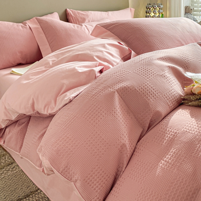 91家纺网 家纺一手货源 找家纺 启程家纺 2024新款全棉华夫格提花四件套 棋盘格-豆沙