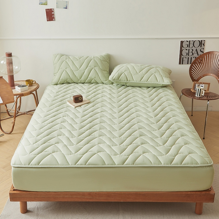 91家纺网 家纺一手货源 找家纺 3C 2024新款全棉双层纱大豆床笠 抹茶绿