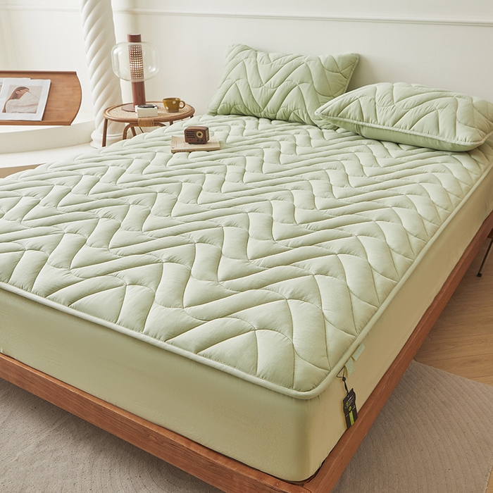 91家纺网 家纺一手货源 找家纺 3C 2024新款全棉双层纱大豆床笠 抹茶绿