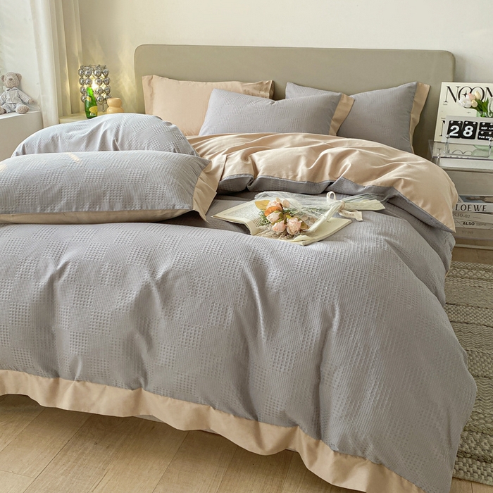 91家纺网 家纺一手货源 找家纺 启程家纺 2024新款全棉华夫格提花四件套 棋盘格-灰咖