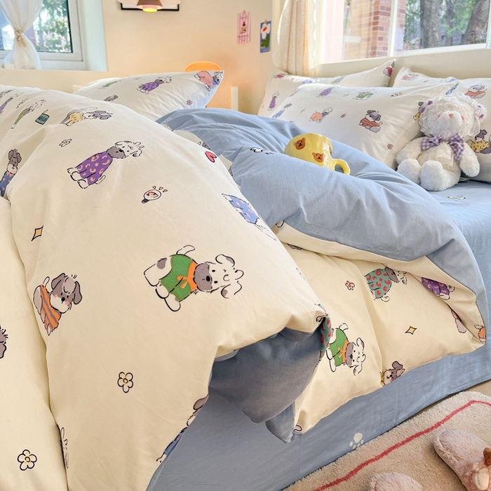 91家纺网 家纺一手货源 找家纺 川悦生活 2024爆款13372全棉卡通小清新四件套三件套 法式小狗