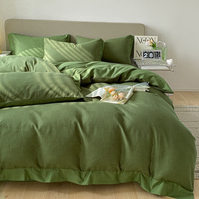 91家纺网 家纺一手货源 找家纺 启程家纺 2024新款全棉华夫格提花四件套 棋盘格-橄榄绿