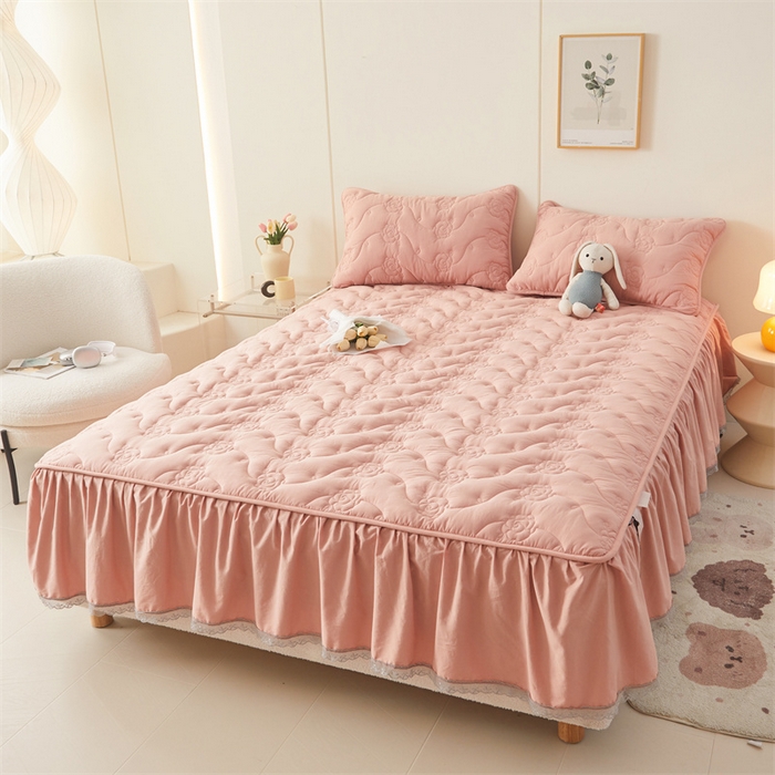 91家纺网 家纺一手货源 找家纺 3C 2024新款全棉水洗棉大豆夹棉床裙式床笠 轻柔粉