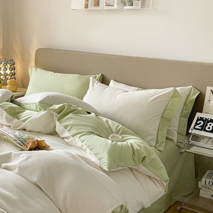 91家纺网 家纺一手货源 找家纺 启程家纺 2024新款全棉华夫格提花四件套 棋盘格-奶白绿