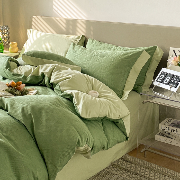 91家纺网 家纺一手货源 找家纺 启程家纺 2024新款全棉华夫格提花四件套 千鸟格-浅草绿