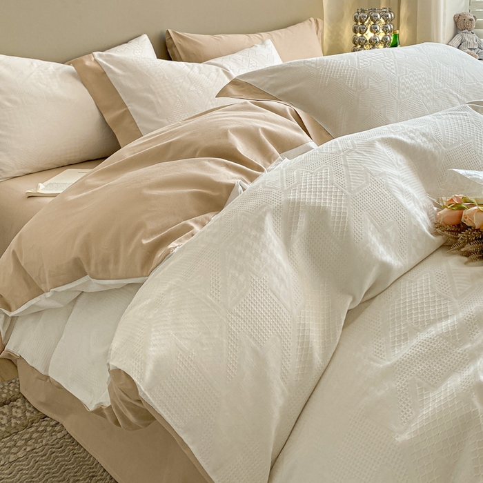 91家纺网 家纺一手货源 找家纺 启程家纺 2024新款全棉华夫格提花四件套 千鸟格-白咖