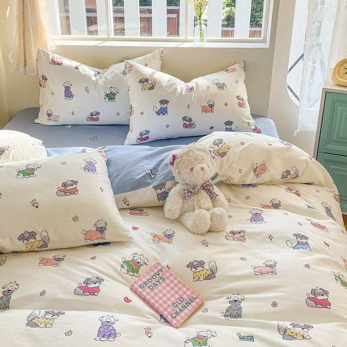 91家纺网 家纺一手货源 找家纺 川悦生活 2024爆款13372全棉卡通小清新四件套三件套 法式小狗