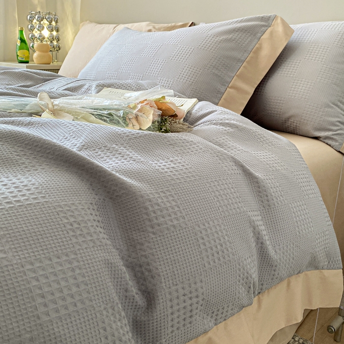 91家纺网 家纺一手货源 找家纺 启程家纺 2024新款全棉华夫格提花四件套 棋盘格-灰咖