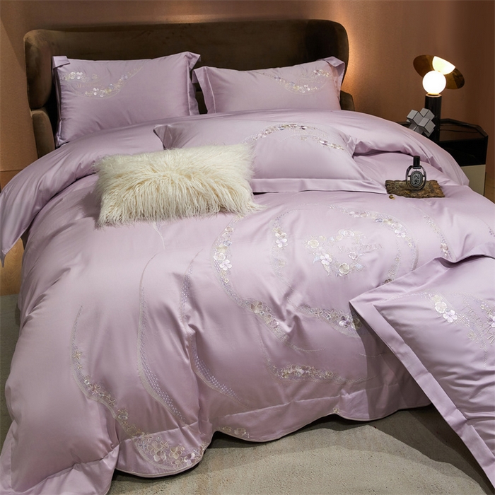 91家纺网 家纺一手货源 找家纺 宏羽纺家纺 2024新款高支高密全棉绣花工艺四件套-怡悦 怡悦 海葵紫