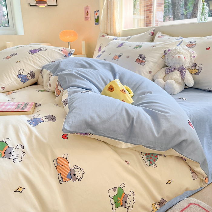 91家纺网 家纺一手货源 找家纺 川悦生活 2024爆款13372全棉卡通小清新四件套三件套 法式小狗