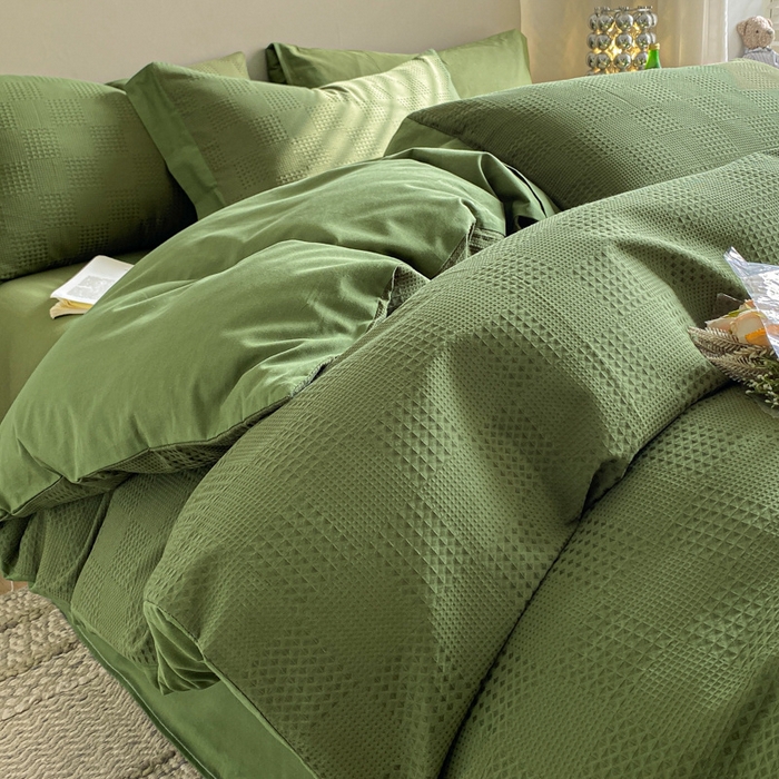 91家纺网 家纺一手货源 找家纺 启程家纺 2024新款全棉华夫格提花四件套 棋盘格-橄榄绿