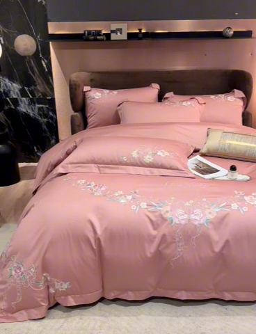 91家纺网 家纺一手货源 找家纺 宏羽纺2024新款高支高密全棉刺绣四件套 伊丽莎白系列 伊丽莎白 豆沙