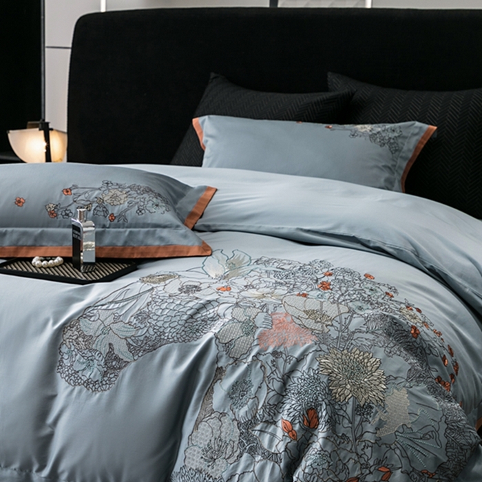 91家纺网 家纺一手货源 找家纺 云胡 2024新款50s双股长绒棉 精工刺绣 宽边工艺四件套 马德里-蓝