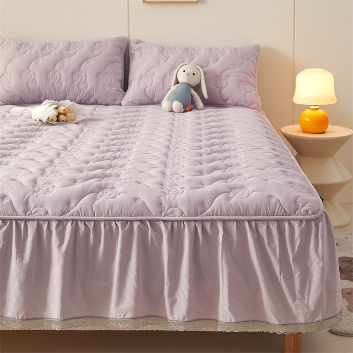 91家纺网 家纺一手货源 找家纺 3C 2024新款全棉水洗棉大豆夹棉床裙式床笠 优雅紫