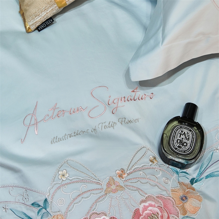 91家纺网 家纺一手货源 找家纺 宏羽纺2024新款高支高密全棉刺绣四件套 伊丽莎白系列 伊丽莎白 西子蓝