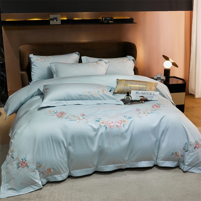 91家纺网 家纺一手货源 找家纺 宏羽纺2024新款高支高密全棉刺绣四件套 伊丽莎白系列 伊丽莎白 西子蓝